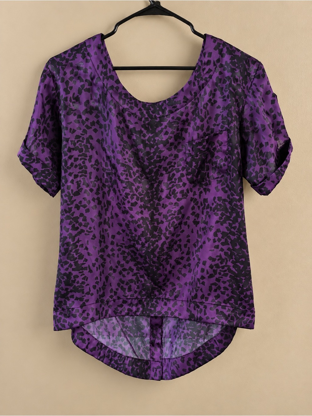 BCBGeneration Purple and Black Animal Print Short Sleeve Blouse